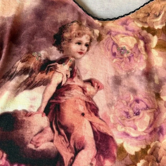 Y2K Yukiko cherub Cupid print 3/4 sleeve top with rhinestones - Picture 3 of 3